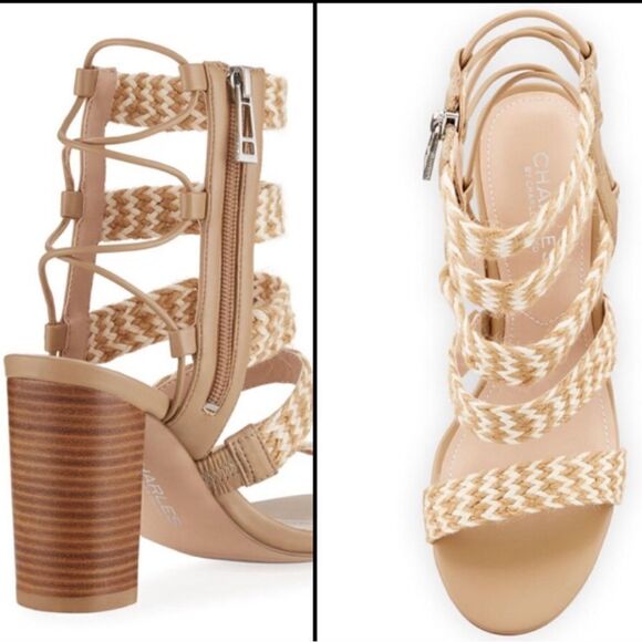 Charles by Charles David ELLA Tan Cream Woven Caged Strappy Block Heel Sandals - Picture 3 of 16